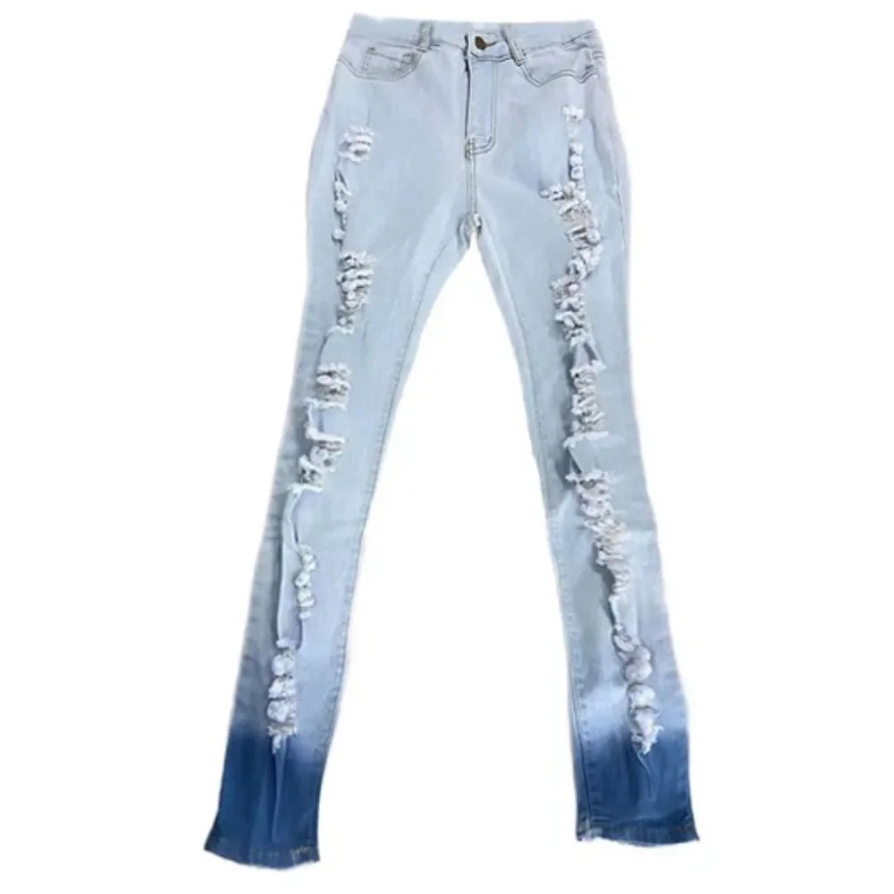 Distressed Skinny Jeans Blue Medium Ripped - Picture 7 of 10